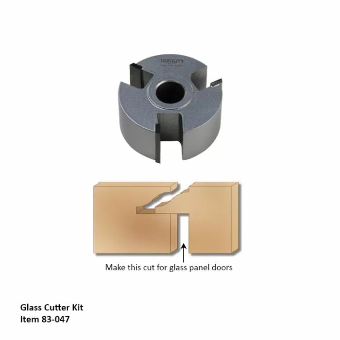 Glass cutter router bit with diagram showing wood cut for glass panel doors.