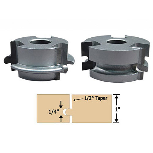 Woodworking router bit set with carbide cutters and diagram for tongue and groove joints