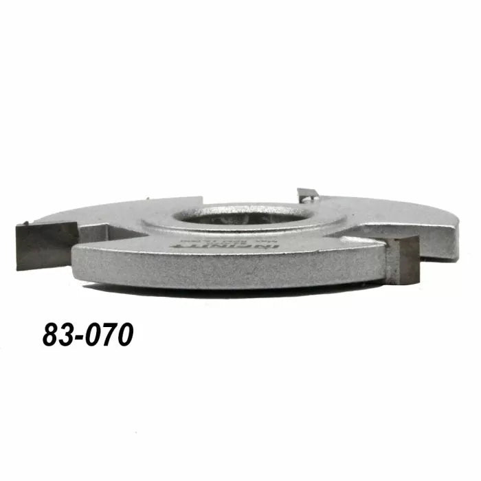 Steel woodworking cutter head with sharp carbide tips, labeled 83-070, for precision joinery