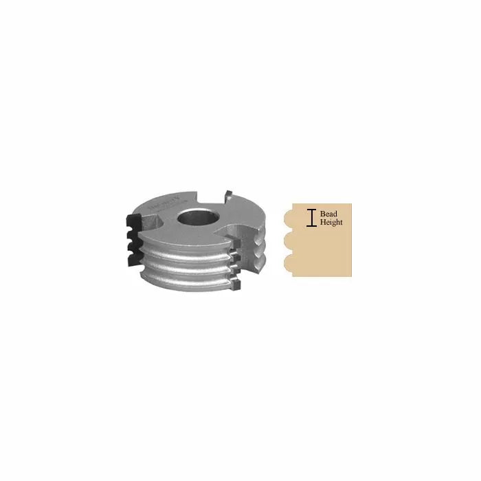 Three-wing slotting cutter head with stacked blades and wood bead height diagram for woodworking.