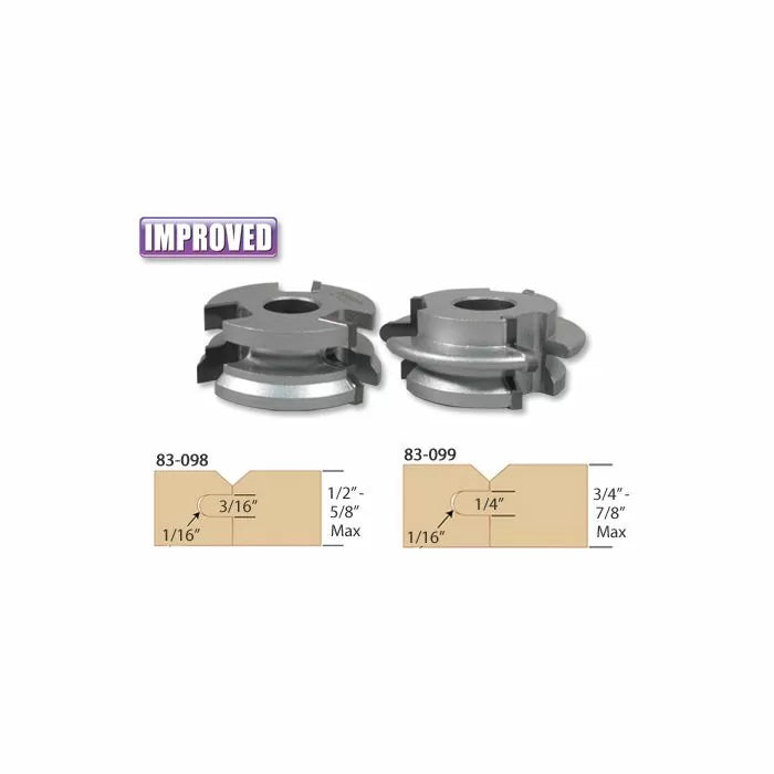 Two carbide-tipped groove and tongue router cutter heads with improved design, wood joinery profiles shown below.