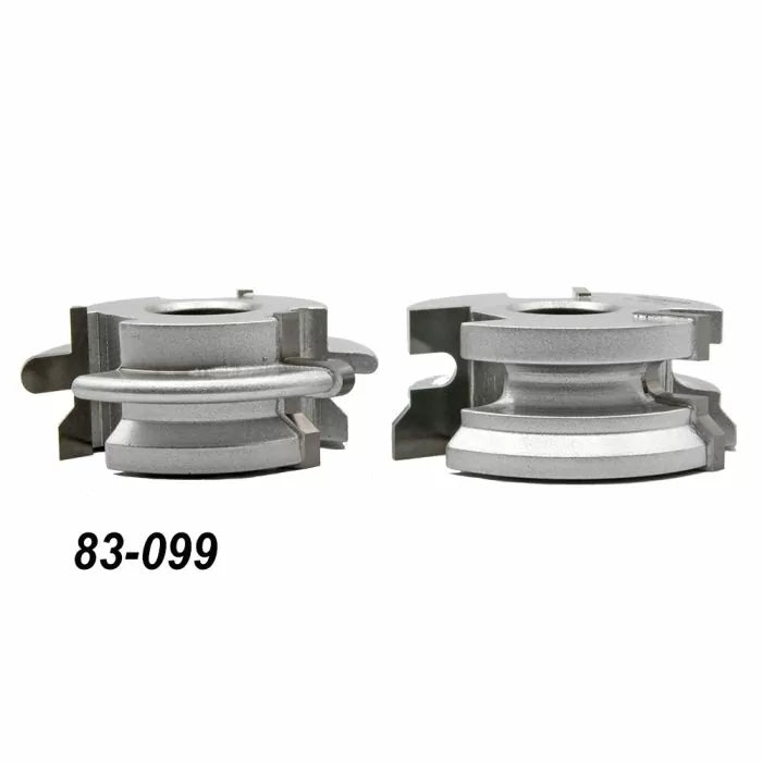Two silver woodworking cutter heads for router table, model number 83-099