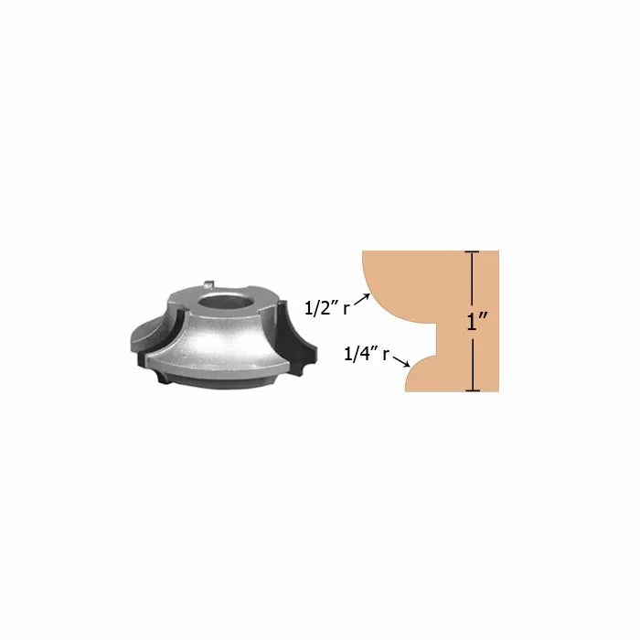 Woodworking router bit with cove edge profile and radius diagram