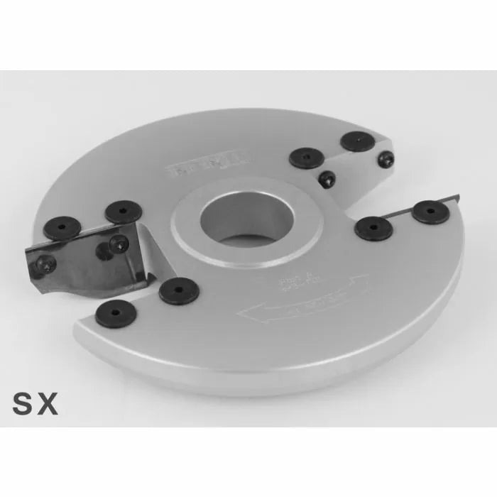 Carbide-tipped woodworking shaper cutter head with multiple blades on a white background