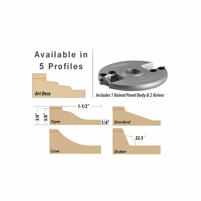 Raised panel cutter head with five woodworking profile options: Art Deco, Ogee, Standard, Cove, Shaker.