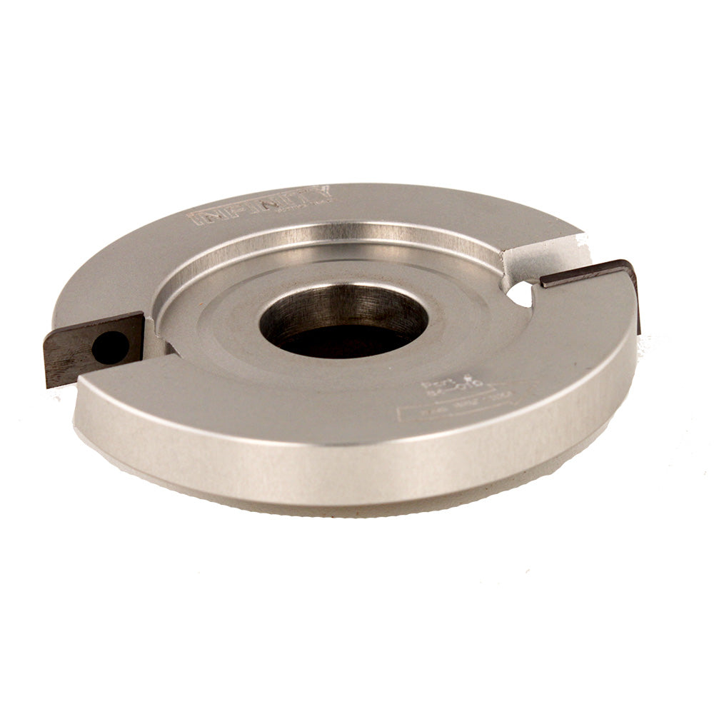Steel woodworking shaper cutter head with two carbide cutting blades on white background