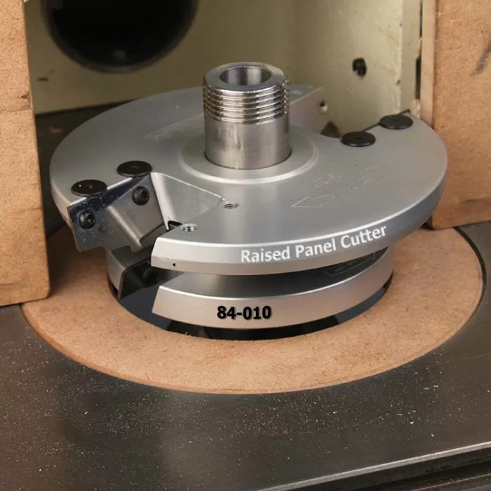 Raised panel cutter for woodworking, installed in router table, model 84-010