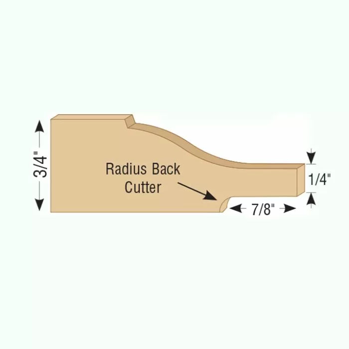 Profile diagram of a radius back cutter for woodworking, with labeled dimensions.