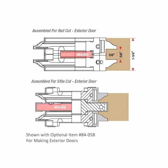 Diagram showing rail and stile router bit assembly for exterior door woodworking cuts.