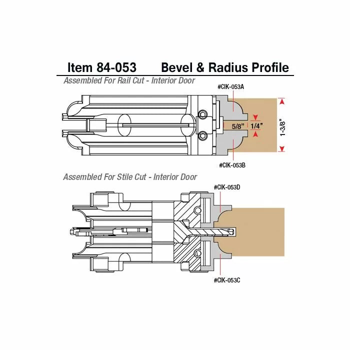 Diagram of bevel and radius profile router bit set for interior door rail and stile cuts, with dimensions shown.