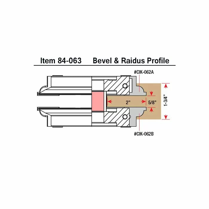Router bit diagram with measurements for bevel and radius profile, item 84-063