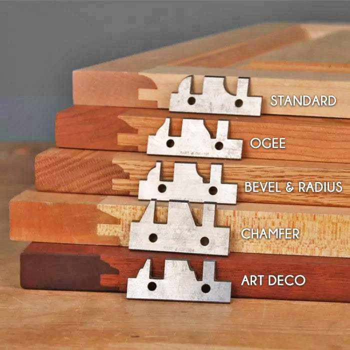 Stacked wood samples showing joinery profiles—standard, ogee, bevel & radius, chamfer, art deco—with matching metal cutters for woodworking.