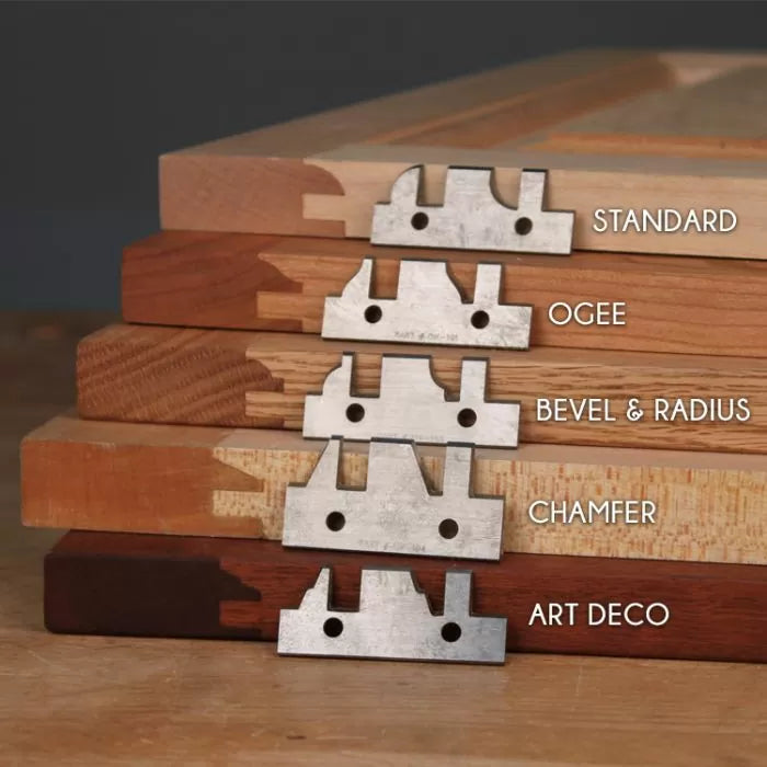 Woodworking joinery samples with labeled profiles and matching router bits: standard, ogee, bevel & radius, chamfer, art deco.