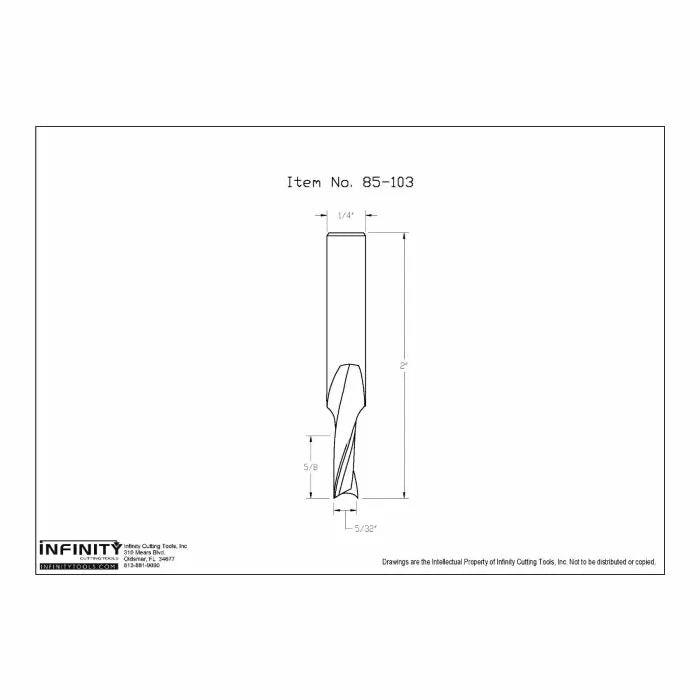 Technical diagram of a straight router bit, 1/4 inch shank, Item 85-103, with measurements.