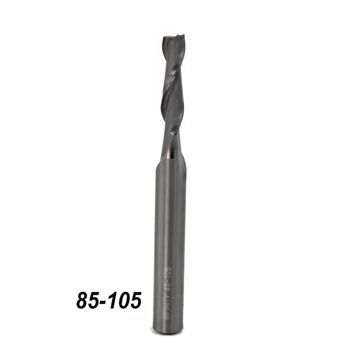 Solid carbide spiral router bit for woodworking, labeled 85-105, on white background.