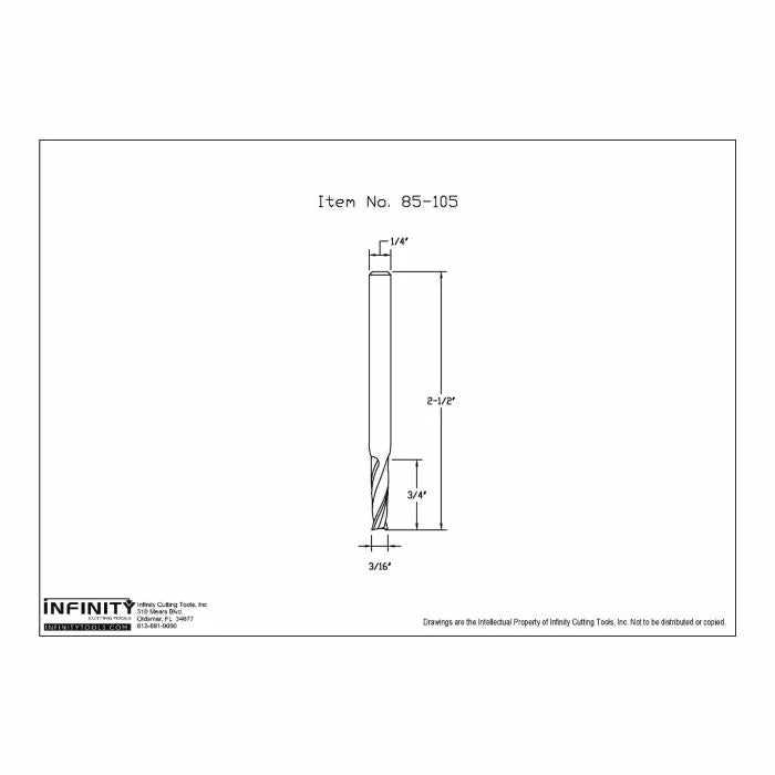 Technical drawing of straight router bit, 1/4 inch shank, 3/16 inch cutting diameter