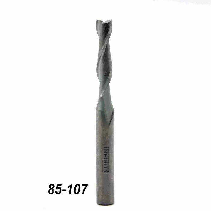 Carbide spiral router bit for woodworking, single flute, item number 85-107 on white background