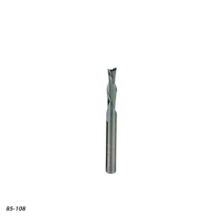 Upcut spiral router bit for woodworking, shown upright on white background
