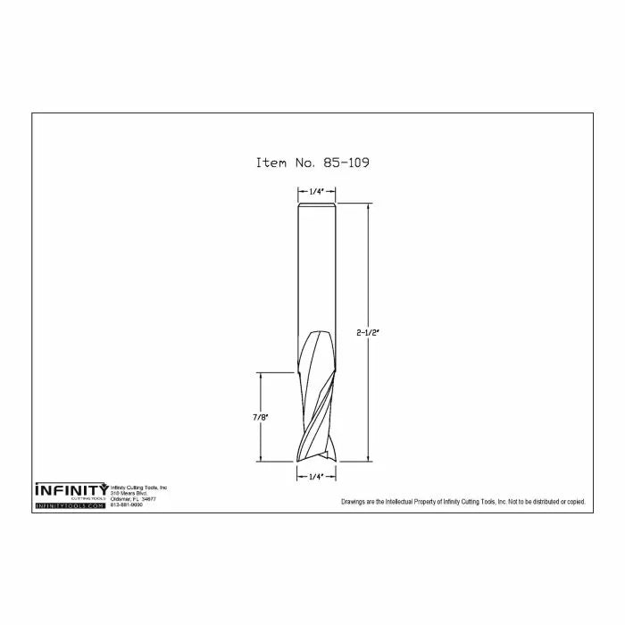 Technical drawing of a 1/4 inch spiral router bit, item 85-109, with detailed measurements.