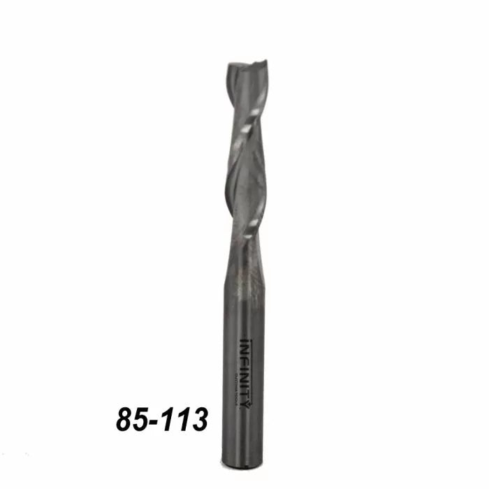 Up-cut spiral router bit tool with infinity logo and 85-113 model number on white background