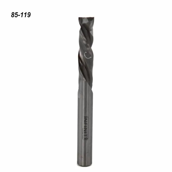 Carbide upcut spiral router bit for woodworking, isolated on white background
