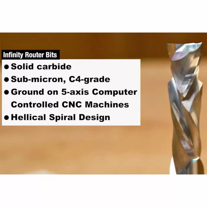 Solid carbide helical spiral router bit with CNC precision, sub-micron C4-grade woodworking tool