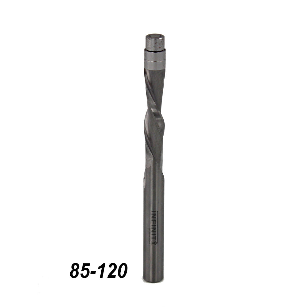 Upcut spiral router bit with engraved text and number 85-120, woodworking tool.