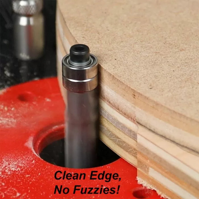 Flush trim router bit cutting smooth edge on plywood for clean woodworking finish