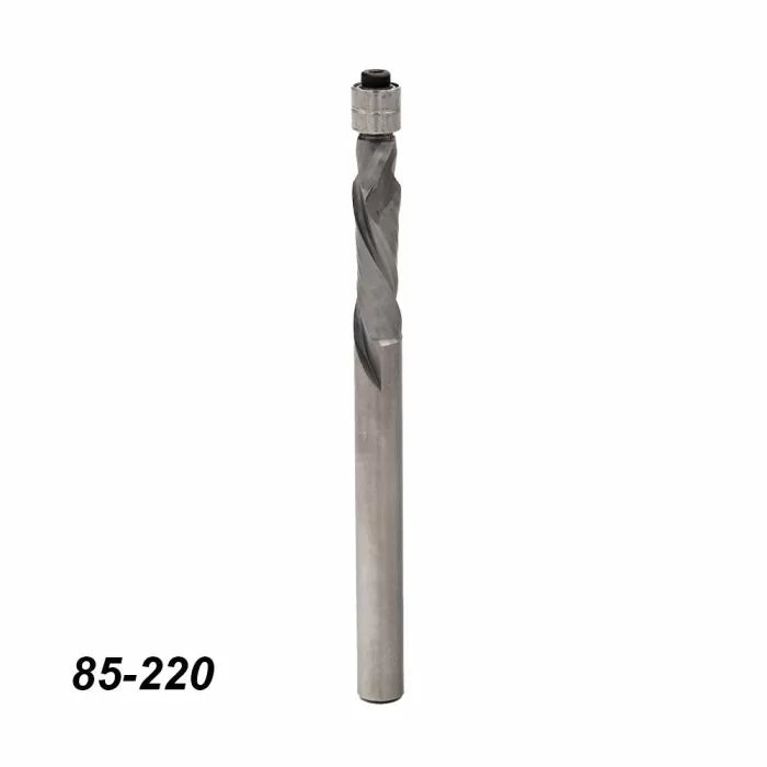 Spiral upcut router bit with 85-220 marking, used for precise woodworking cuts.