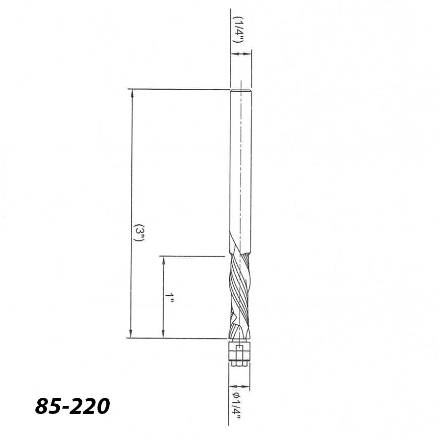 Technical drawing of 1/4 inch spiral router bit with 3 inch overall length, labeled 85-220