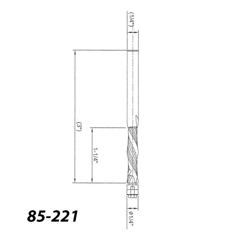Technical drawing of 1/4 inch spiral upcut router bit with 3 inch overall length, woodworking tool