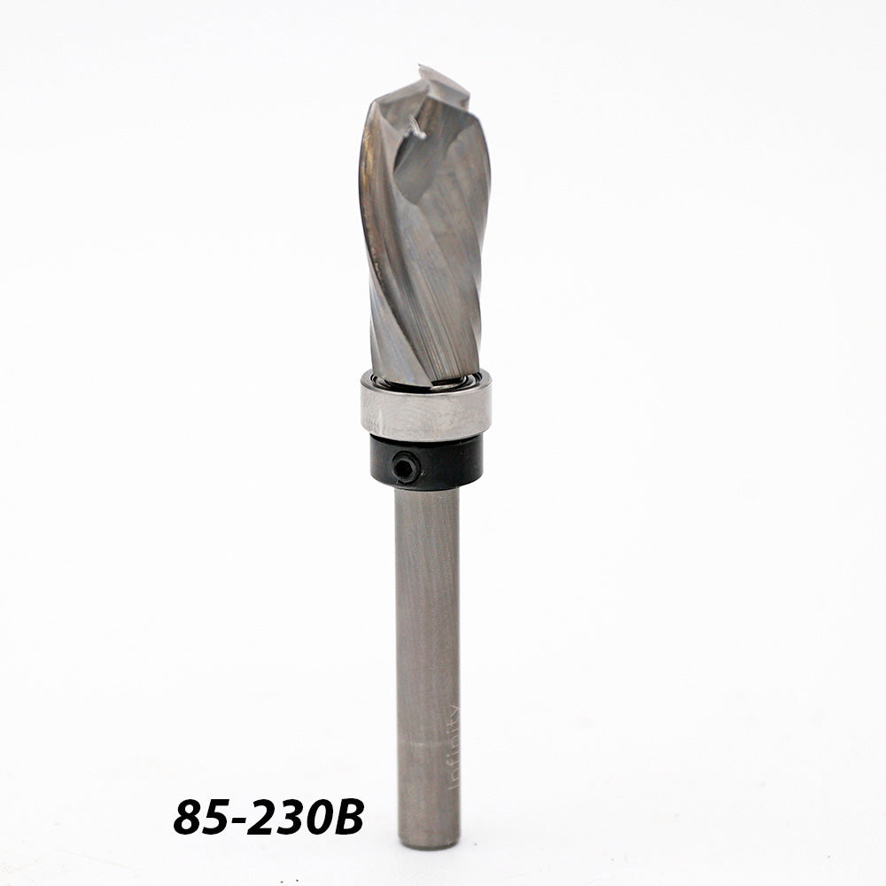Carbide spiral router bit with bearing, woodworking tool, SKU 85-230B on white background