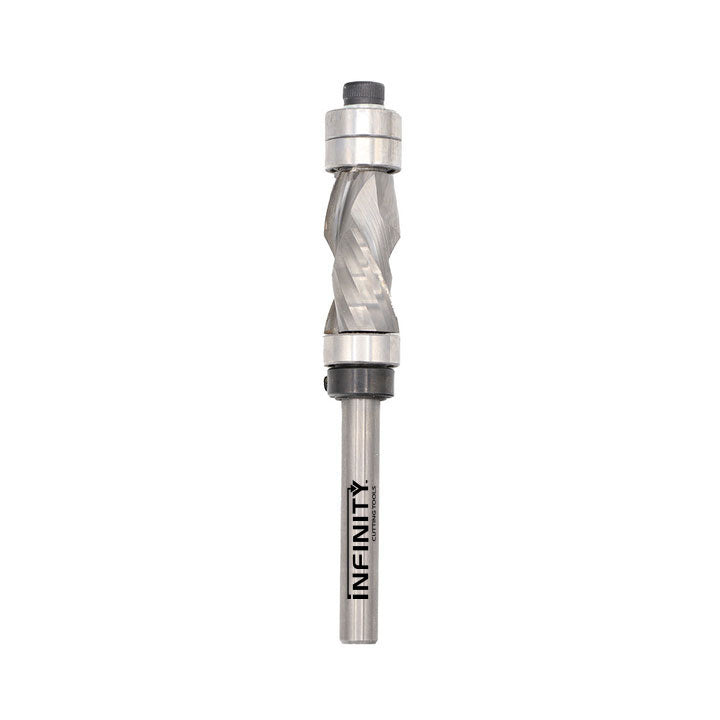 Upcut spiral flush trim router bit with ball bearings on white background