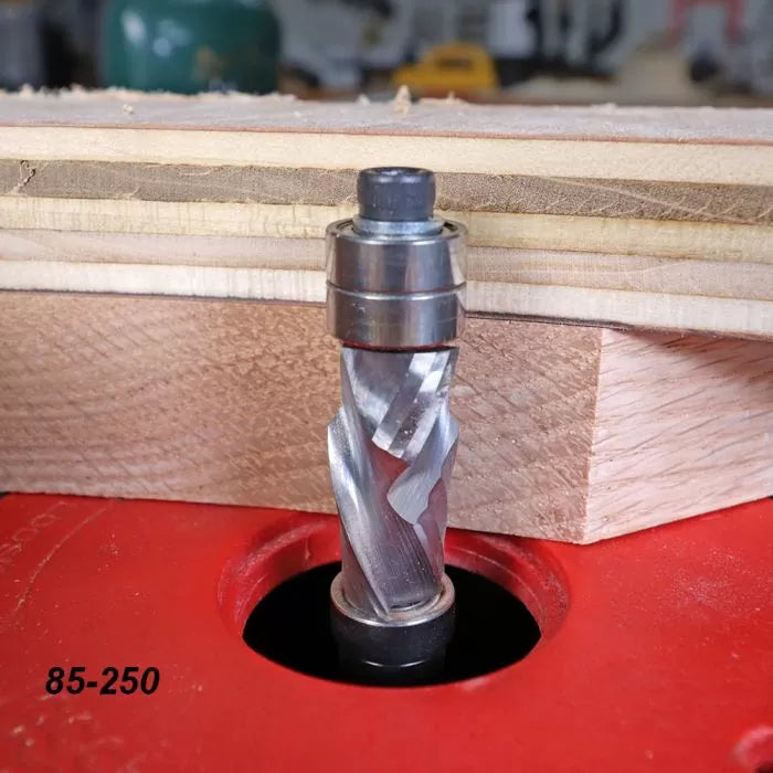 Spiral flush trim router bit with bearing on router table cutting hardwood panel