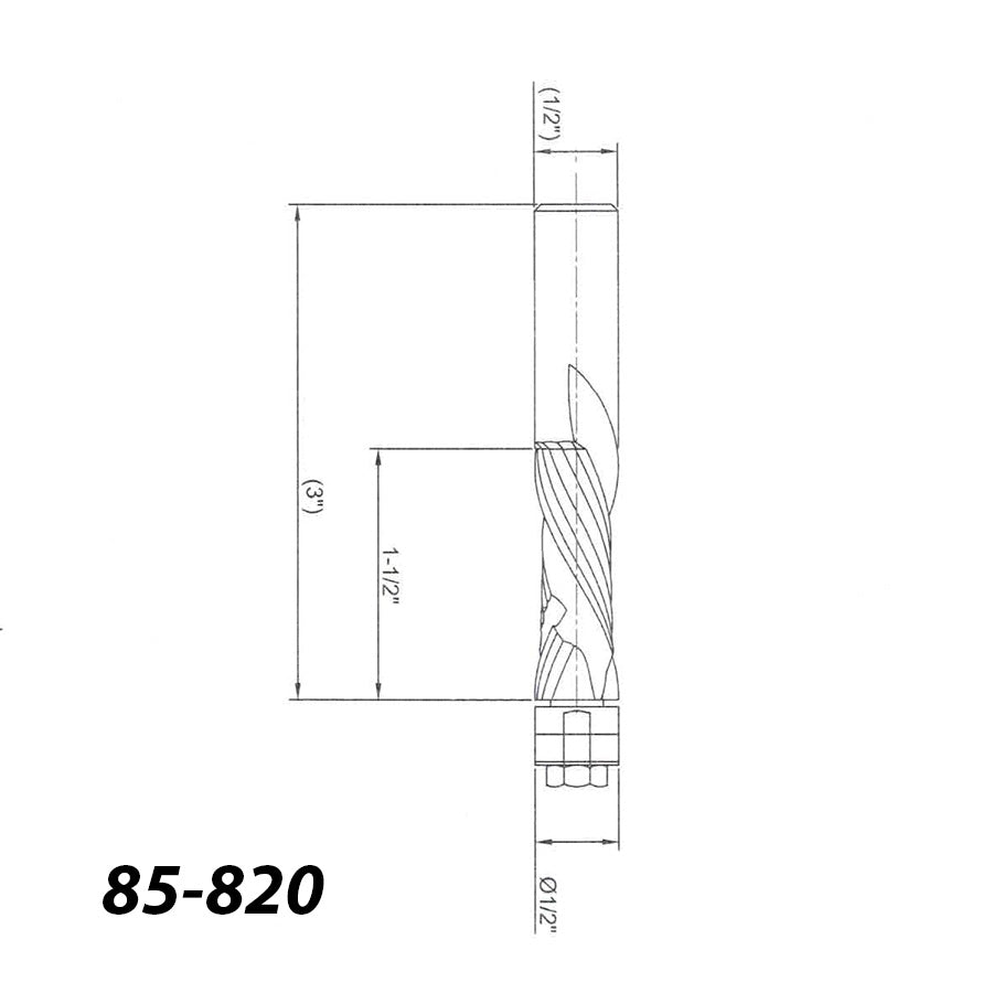 Technical drawing of 1/2 inch diameter straight router bit with dimensions labeled 85-820