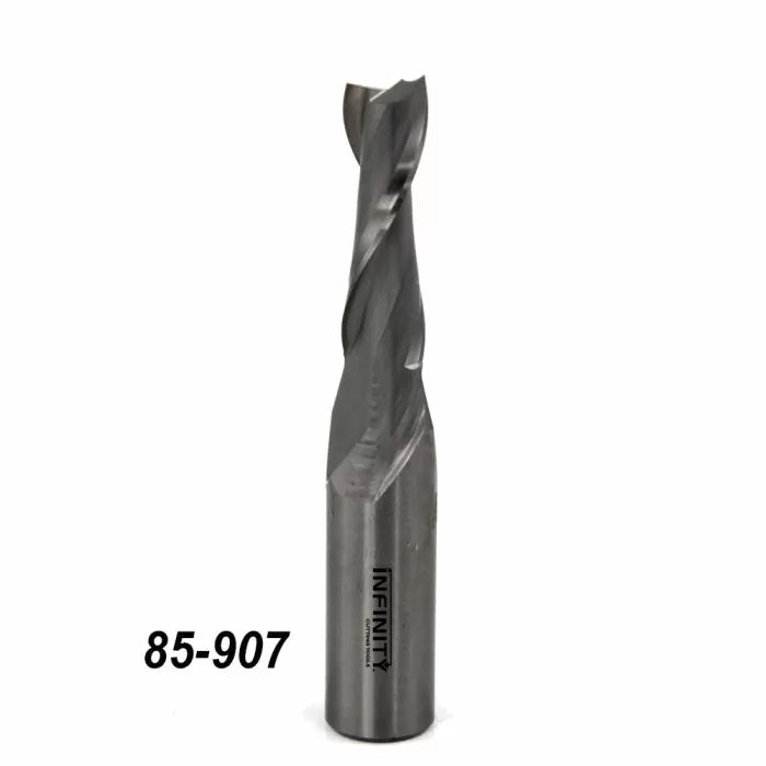 Carbide spiral router bit for woodworking with model number 85-907 engraved on shank