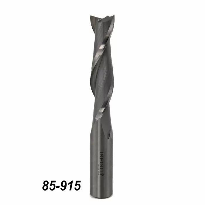 Carbide spiral upcut router bit for woodworking, model number 85-915, on white background
