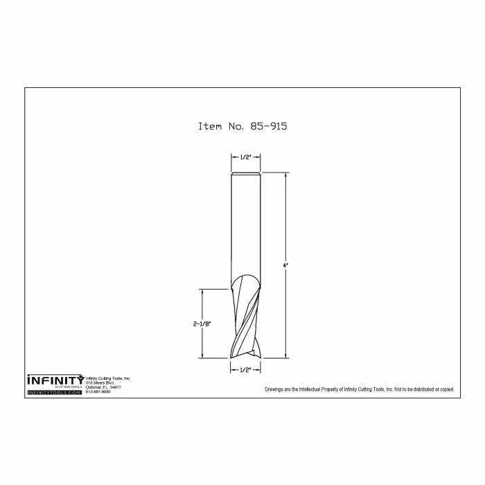 Technical drawing of a straight router bit, half inch shank, 2-1/8 inch cutting length
