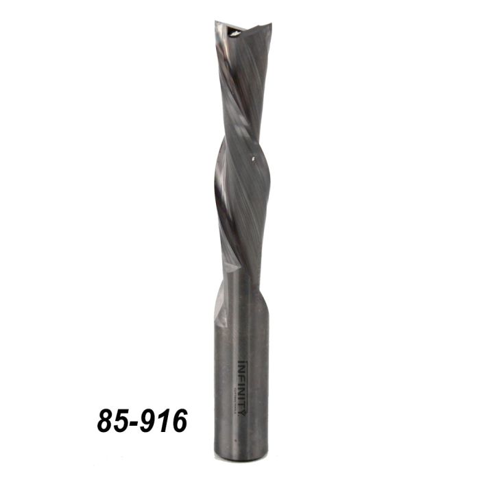Up-cut spiral router bit for woodworking, straight flute, code 85-916 on white background