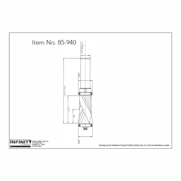 Technical drawing of spiral router bit with dimensions, Item No. 85-940, woodworking tool