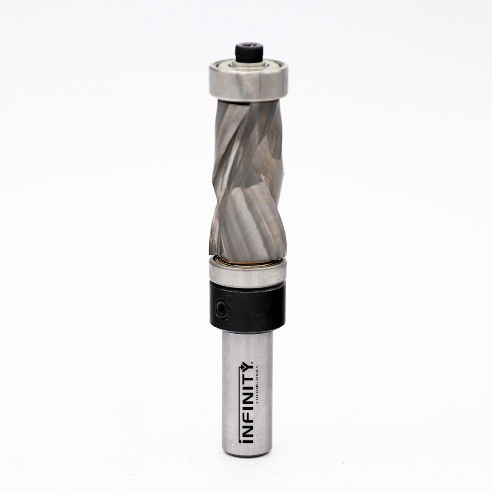 Carbide spiral flush trim router bit with dual bearings for woodworking on white background