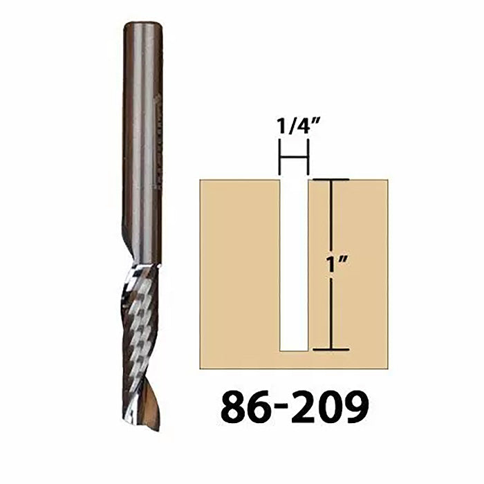 1/4 inch spiral upcut router bit with cutting depth diagram, model 86-209