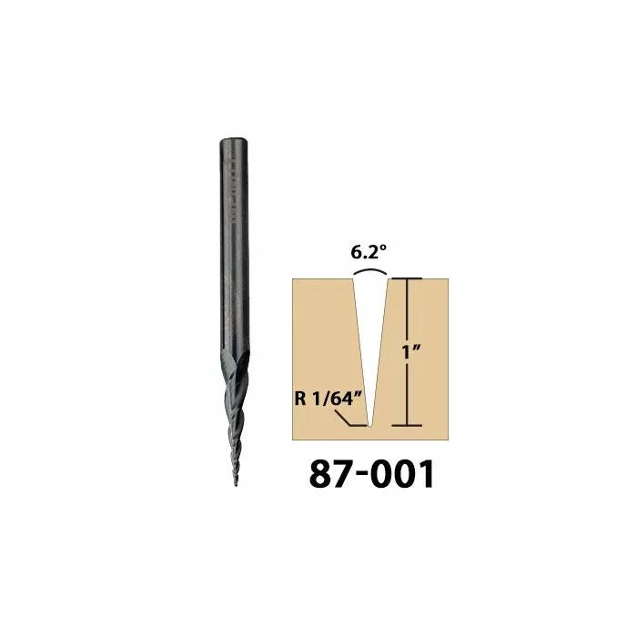 Tapered spiral router bit with 6.2-degree angle, 1 inch cut depth, and diagram.