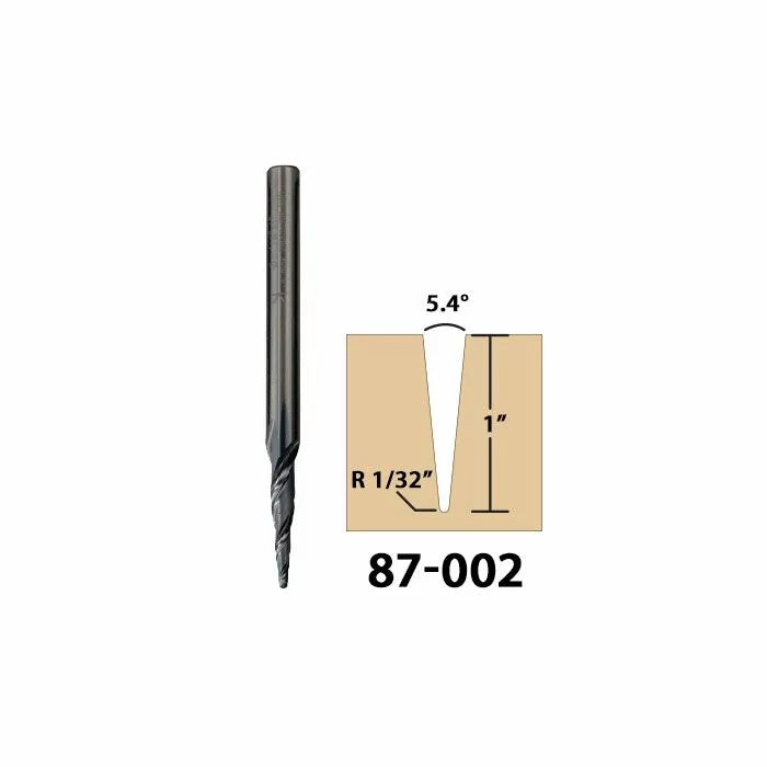 Straight flute router bit with diagram showing 5.4 degree angle, 1 inch depth, R 1/32, 87-002