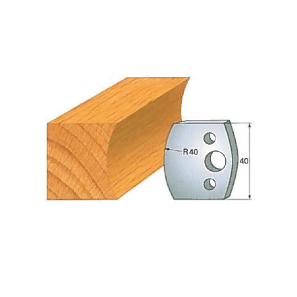 Woodworking molding knife with radius edge and sample wood profile, technical diagram