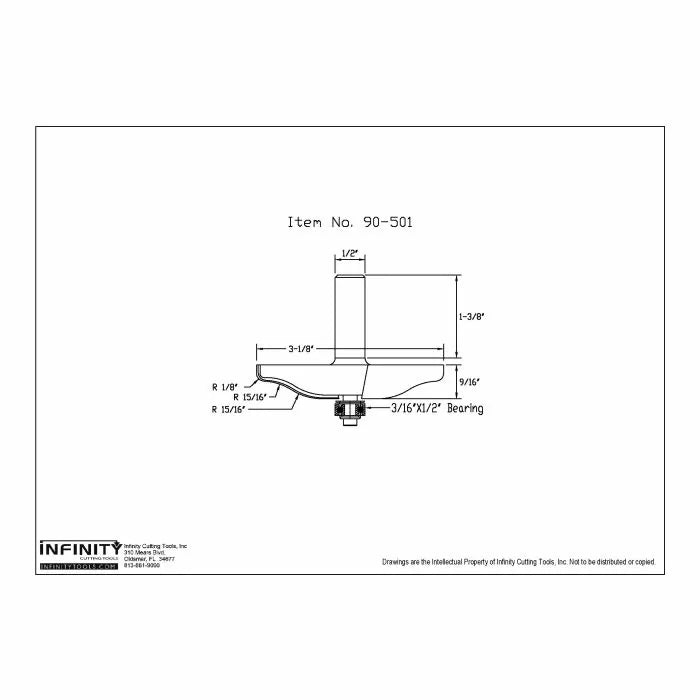Technical drawing of woodworking router bit, item 90-501, with labeled dimensions.