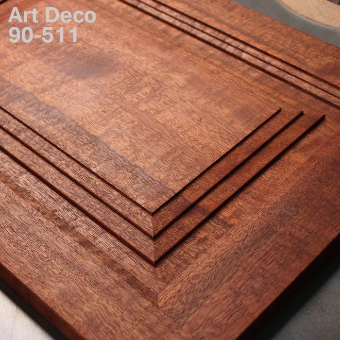 Decorative wood panel with geometric routed Art Deco lines, sample for woodworking projects