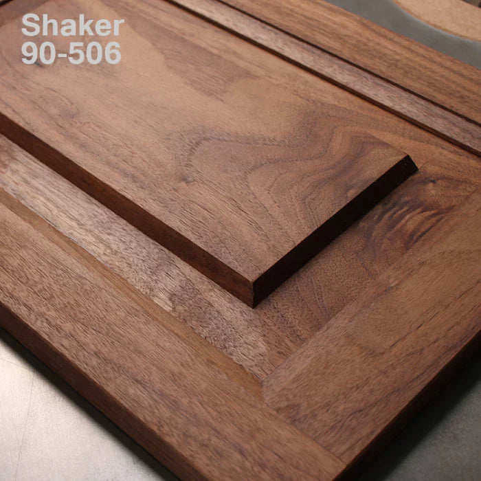 Shaker style walnut cabinet door panel with clean lines and smooth wood grain