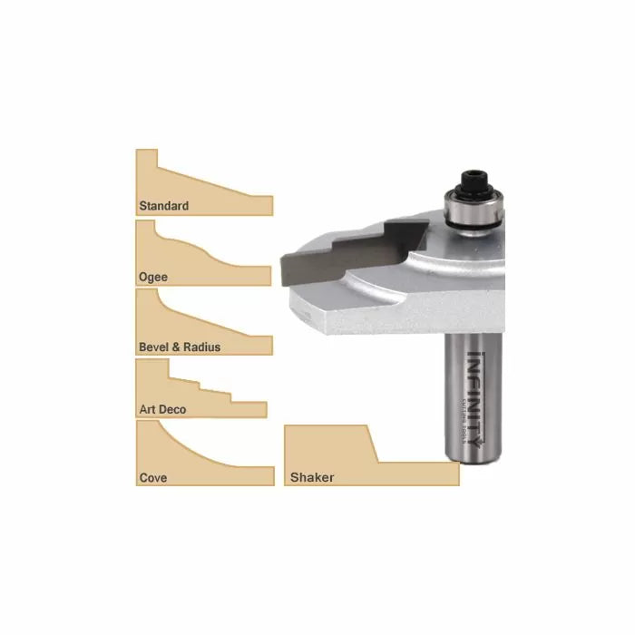 Router bit with sample wood profiles including standard, ogee, bevel, cove, shaker, art deco.