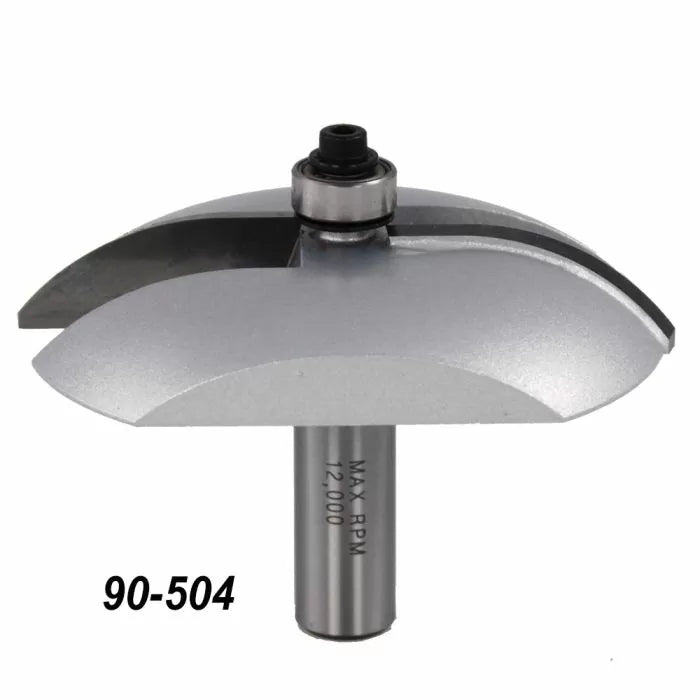Large roundover router bit with bearing for woodworking, labeled 90-504, silver finish.